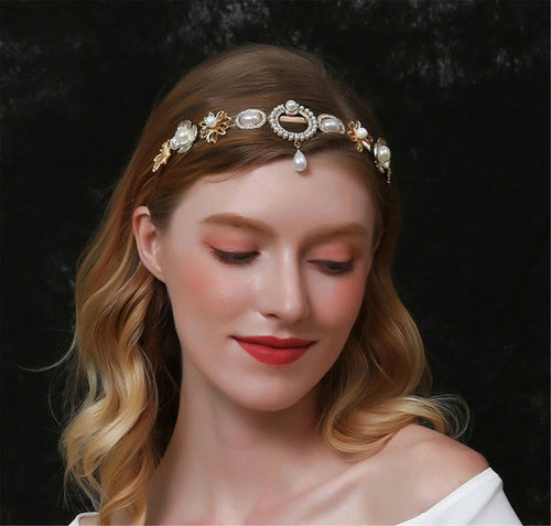 Women Pearl Crystal Retro Royal Forehead Hair Headband head Band Hoop accessory