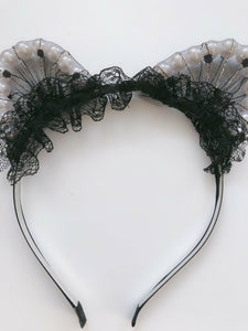 Women Girl Black Fancy Lace Pearl Cat Ears Party Hair Head Headband band hoop