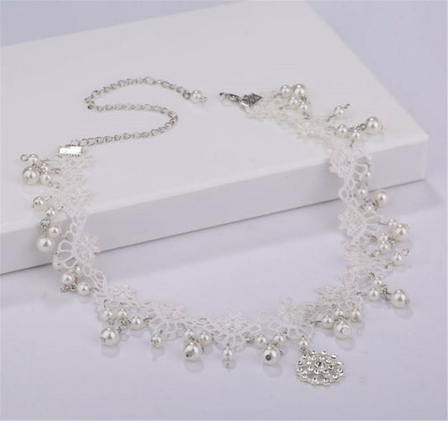 Women boho White Wedding Bride Crystal Lace Pearl Party Forehead Hair Headband