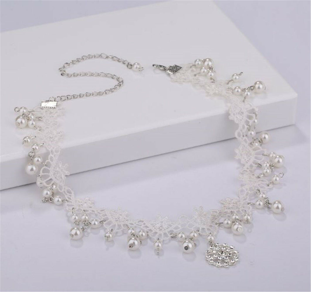 Women boho White Wedding Bride Crystal Lace Pearl Party Forehead Hair Headband