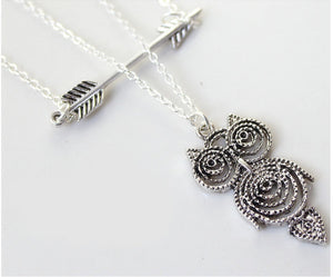 Women Girl Retro Sliver color Boho OWL bird Arrow Long Necklace Chain Pendant