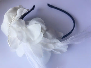 Women Girl White Chiffon Flower Feather Party Hair headband Race fascinator