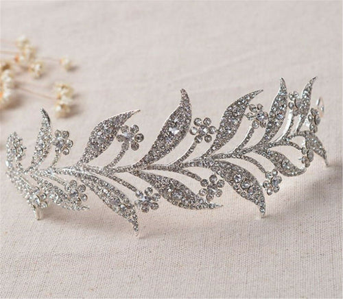 Women Rhinestone Crystal shine Silver LEAF Party Hair Band Headband Crown Tiara