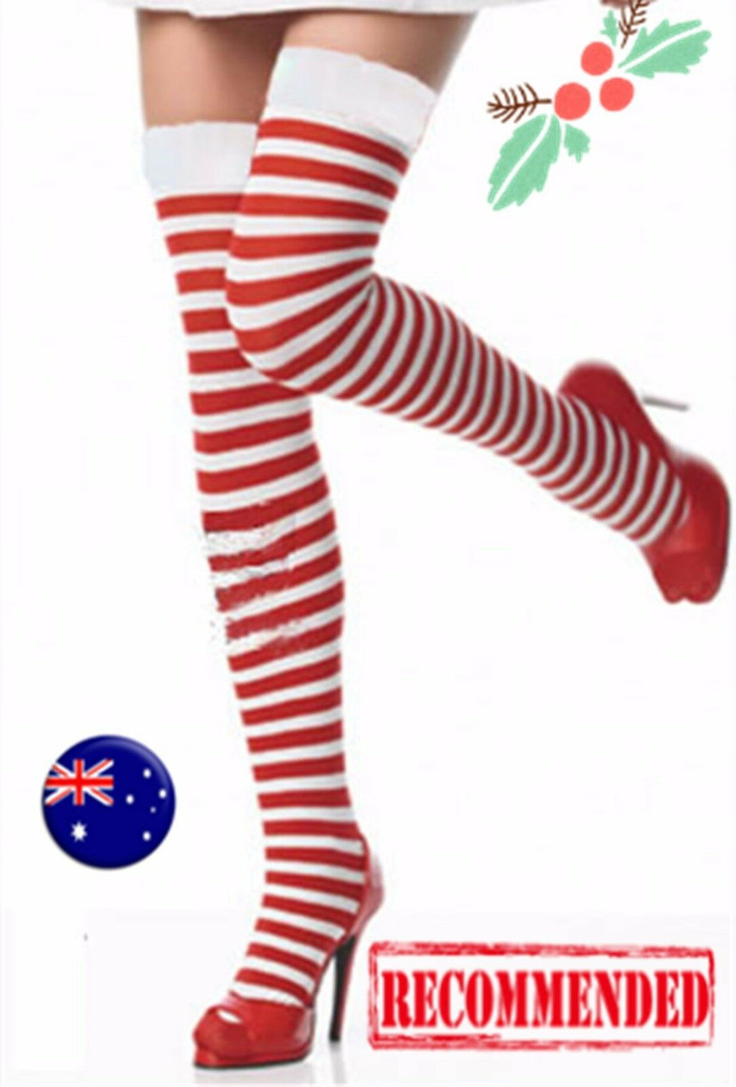 Women Lady Red White Stripe Knee High Costume Halloween Christmas Socks Tights