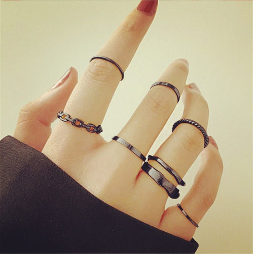 Women 7 Gothic Black Retro Joint knuckle stacking Finger tip Slim Rings set