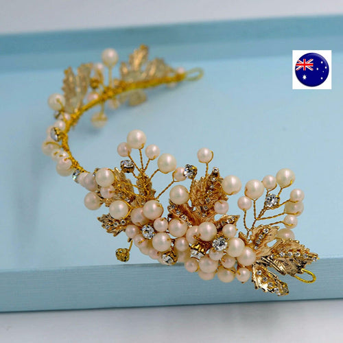 Women lady wedding Flower Girl gold leaf Pearl Hair Headband Prop Garland hoop