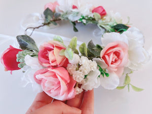 Women White Pink Rose Flower Girl Rustic Woodland Hair Headband Crown Garland