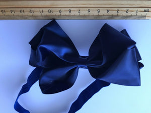 Women Girl School Uniform Navy Blue Satin Bow Ribbon Elastic Hair band Headband