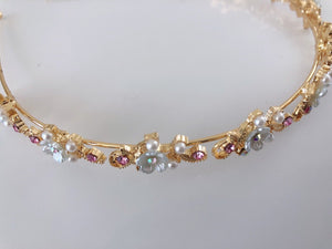 Women Little Flower Floral Gemstone Crystal Gold Hair Head Band Hoop Headband