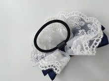 Girl School Uniform Navy Ribbon bow Lace Hair Ponytail Elastic Band Tie holder