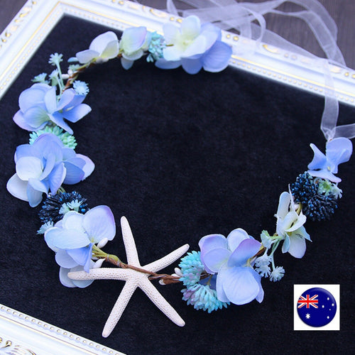 Women Blue Flower Girl Mermaid Sea Star Hair Headband crown Prop Garland Tiara