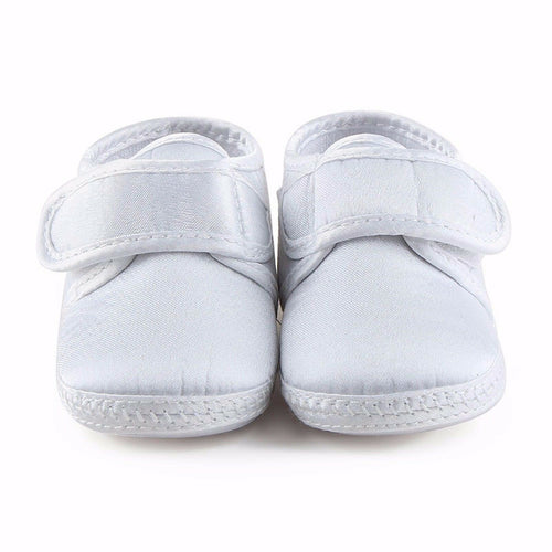 Baby Shower Boy Kid Infant White Christening Wedding Party Satin first Shoes Tap on Design