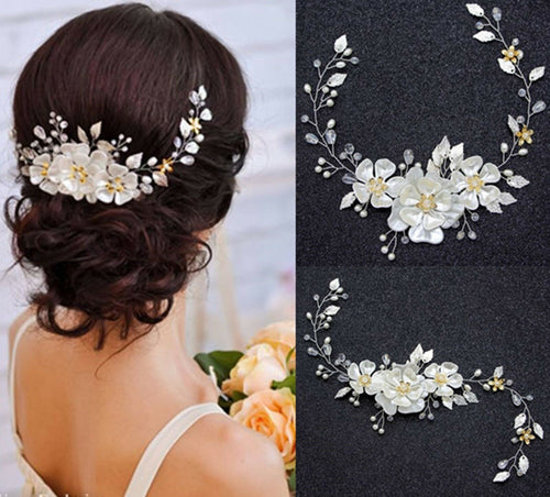 Women Silver Leaf Pearl Bride White Flower Party Hair Headband Band jewelry