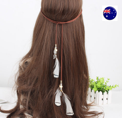 Women Girl Bohemian White Feather Suede Hair head band Headband Strap Wrap belt