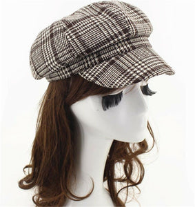 Women Retro warm Brown Check Conductor French octagonal Hat Cap Beret Beanie