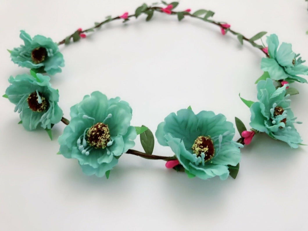 Women Boho Fairy Blossom Pink blue Flower Leaf hair band headband Garland Wreath
