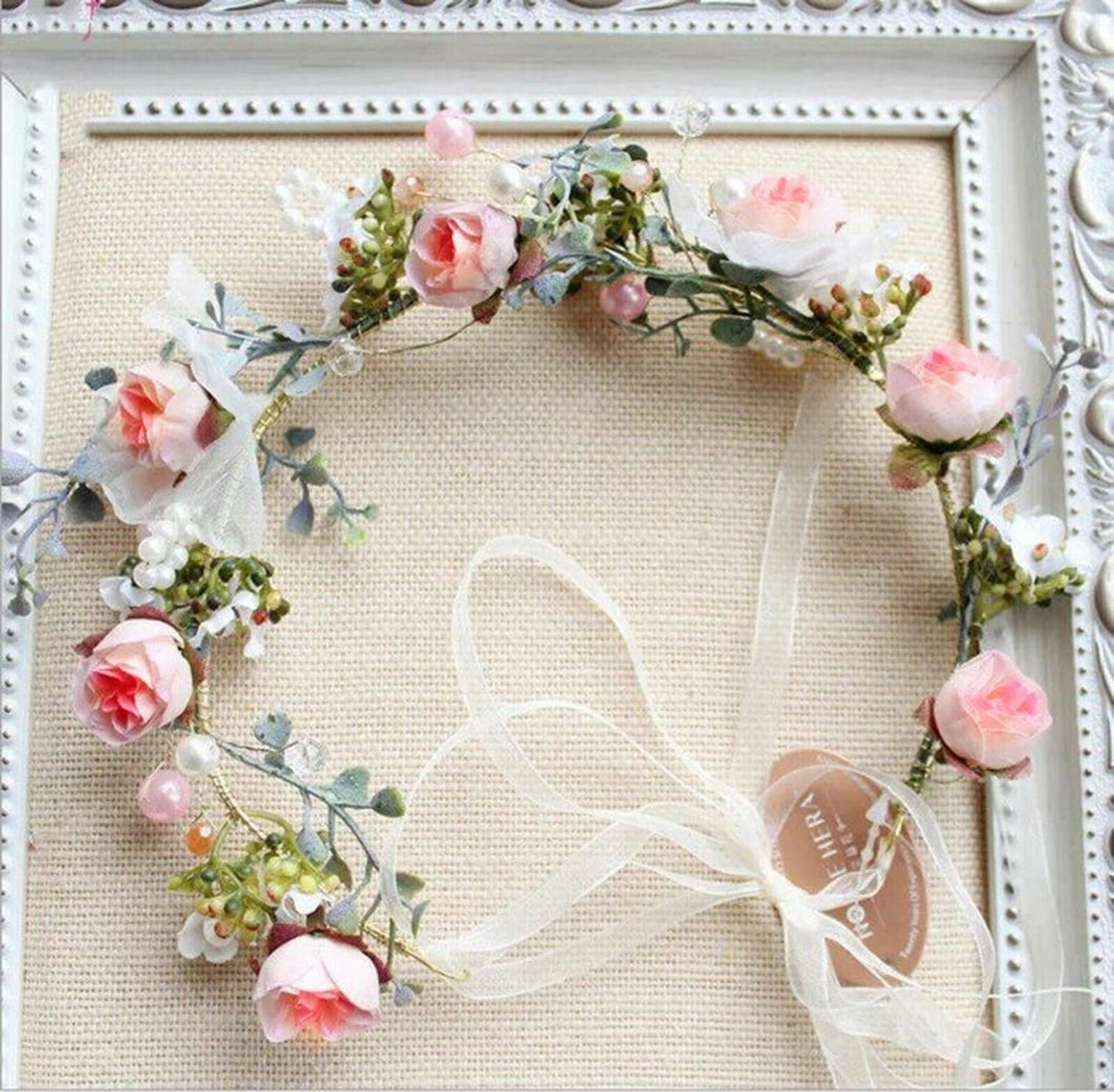 Pink flower Girl Women Wedding Floral Party Hair Headband Crown Garland tiara