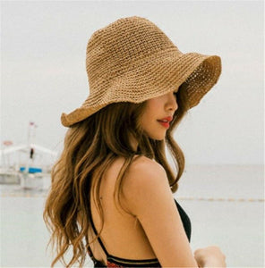 Women Khaki Brown Medium Brim Holiday Summer Beach Straw Floppy Sun Hat