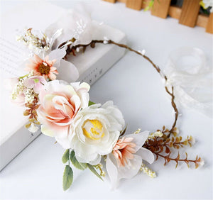 Women Beige Pink flower Girl Bride wedding Party hair Headband Garland Tiara