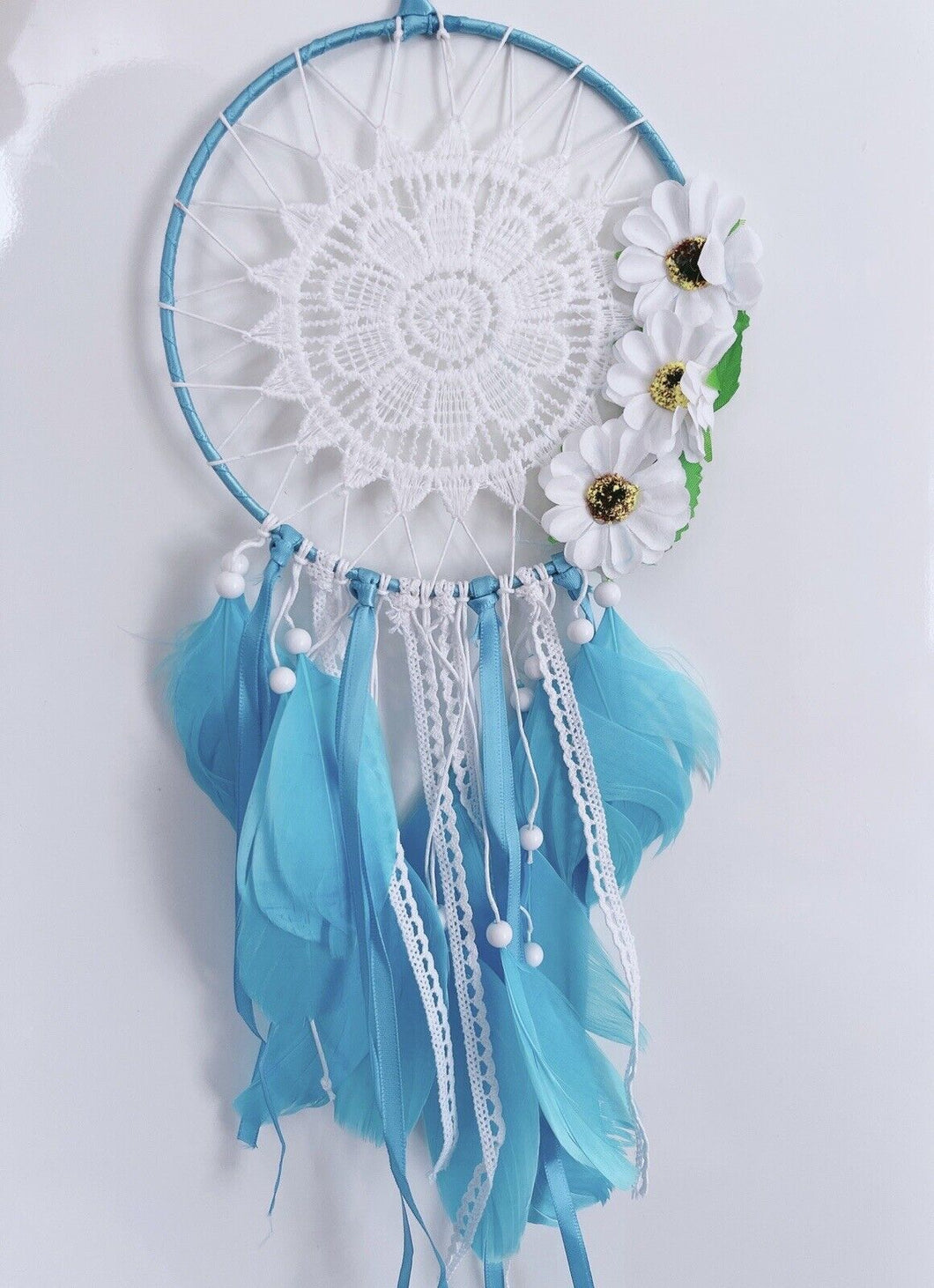 Blue Feather Daisy Crochet Dream Catcher Net Web Wall Hanging Decoration Decor