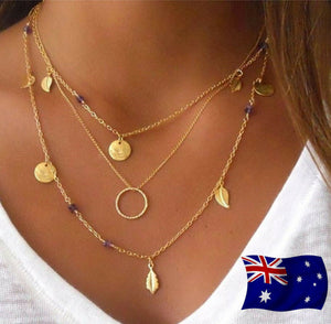 Women Lady Bohemian BOHO Retro Gold color Leaf bead Chips multi layers Necklace