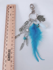 Women Bohemian BOHO Blue Feather Dream Catcher Crystal Key Ring holder Keyring