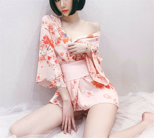 Women Sexy Pink Sleepwear Japanese Kimono Sleep Nighties Gown Bath Robe Coat