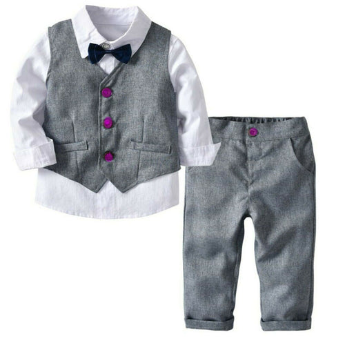 Page Boys Kids Wedding Birthday Party Grey Bodysuit Outfits Suits Bowtie Set