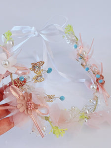 Women Girls Butterfly Pearl Pink Flower Hair Tiara Headband Fascinator Garland