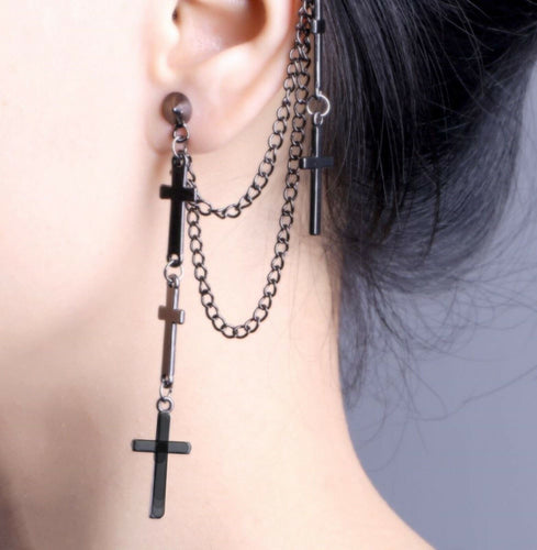 1x Men Women Tassel Cross dangle Hiphops Gothic Spike Black Earrings Side Cuff
