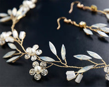 Women White Flower Leaf Bride Headband Hair Piece Ribbon Jewelry Earrings set