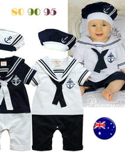 NEW kids Girl Boy Baby Navy Sailor marine Stripe Costume Party Romper + hat prop