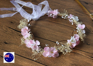 Women Flower Girl babys breath wedding Pink Flower Hair Headband crown Garland