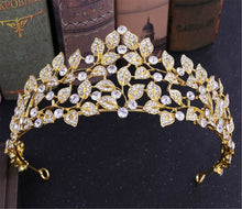 Women Forest Queen Prom Royal Gold Leaf Crystal High Hair Headband Tiara Crown