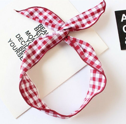 Women Retro Girls Red White Check Ear Bow Wire Party Hair Head Band Headband