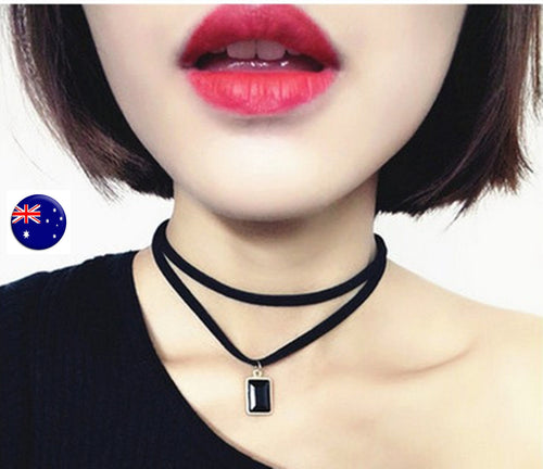 Women Girl retro Black Syn Suede Choker short Punk Gothic double layer Necklace