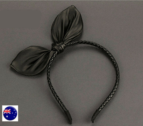 Women Girl wet Synth leather Black Rock wire Bunny Bow Hair Head band Headband