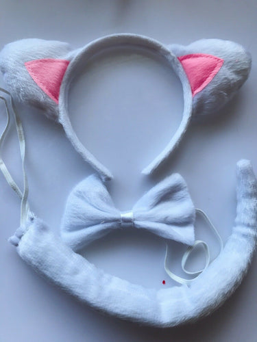 Women Kid white Fluffy Cat Kitty Costume Ear tail bowtie Party Hair headband set