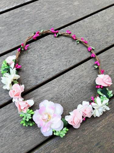 Women Flower Girl Pink Flower green seed Hair head tiara Headband crown Garland