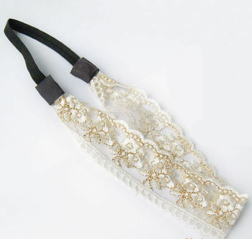 Women Lace Creamy White boho gold Embroidery Hair Head band elastic headband