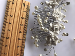 Women White Wedding Bride Bridal Pearl white Flower Party Hair Headband comb pin