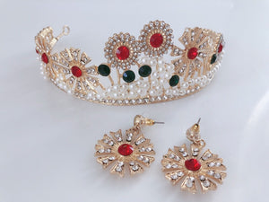 Women Gold Rhinestone Crystal Pearl Sun Party Hair Headband Crown Tiara Earrings