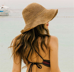 Women Khaki Brown Medium Brim Holiday Summer Beach Straw Floppy Sun Hat