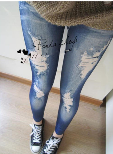 Women Faux Fake Ripped Jean Denim Look Slim Stretch Party Leggings Jegging pants