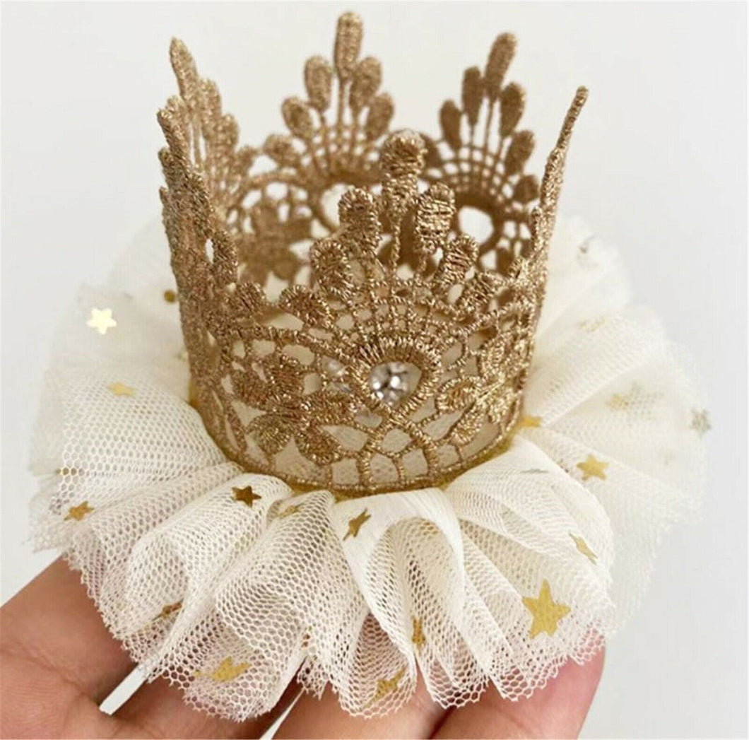 Girl Kids Baby Lace Gold Princess Birthday Crown Tiara Elastic Hair Headband