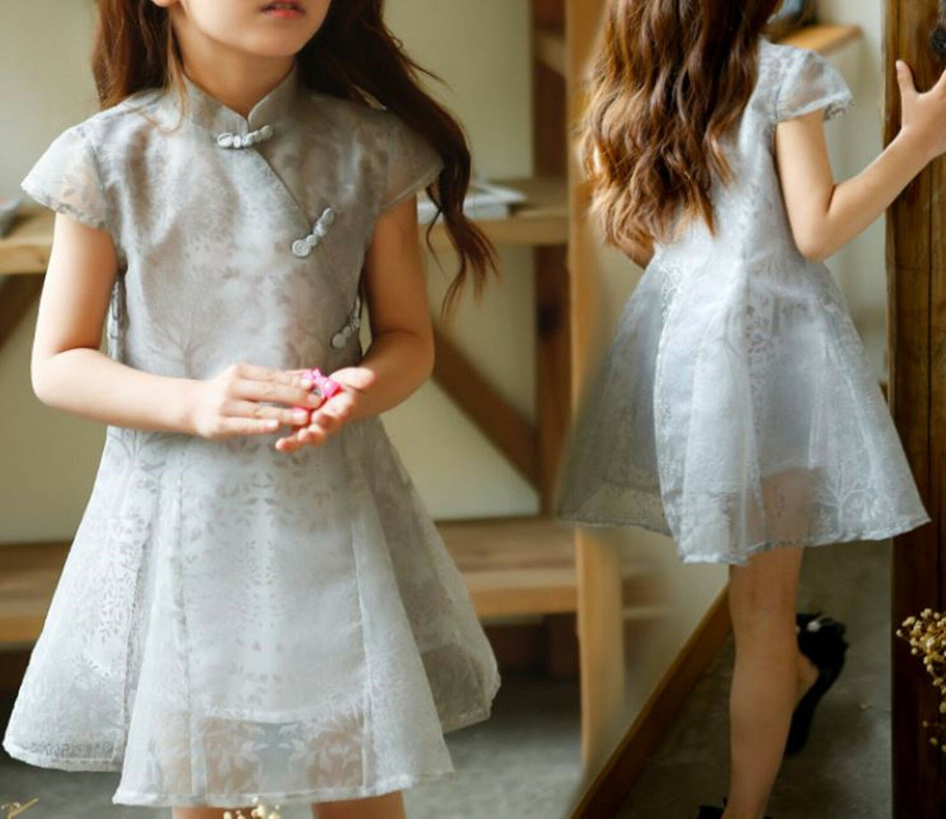 Kid Girl Chinese Asian Traditional QIPAO Costume Grey Short Sleeve Summer Dress