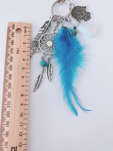 Women Bohemian BOHO Blue Feather Dream Catcher Crystal Key Ring holder Keyring