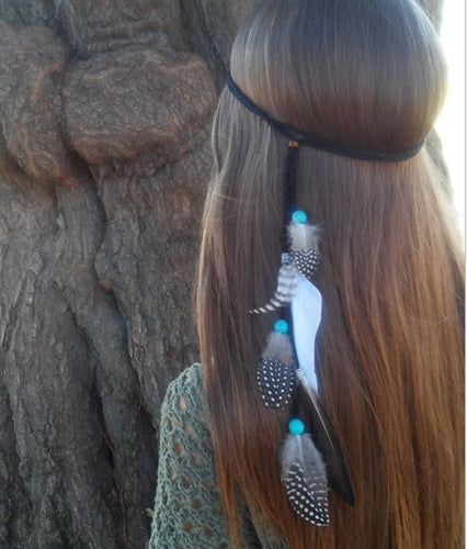 Women BOHO retro Black Syn suede Feather beads Braided Hair head band Headband