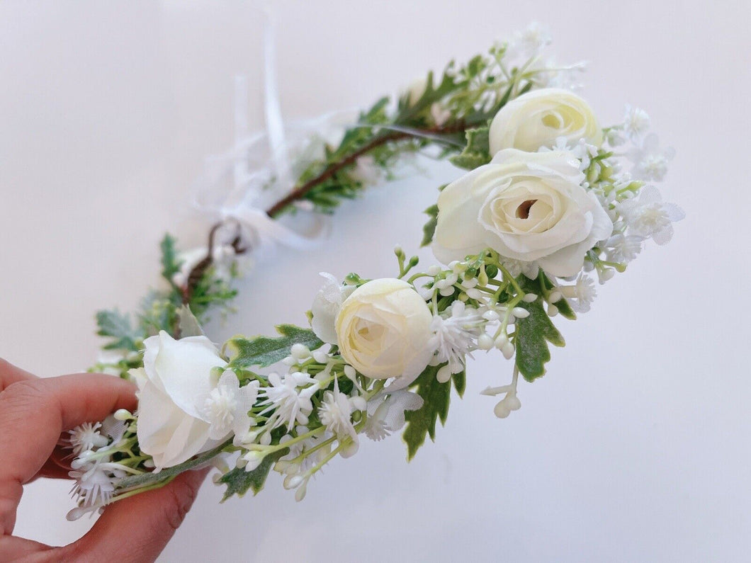 Women wedding Cream White Rose flower bride Hair Headband Crown Garland Wreath