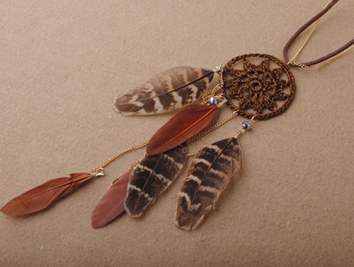 Women Feather Crochet DREAM CATCHER Retro Brown suede Necklace Long Chain